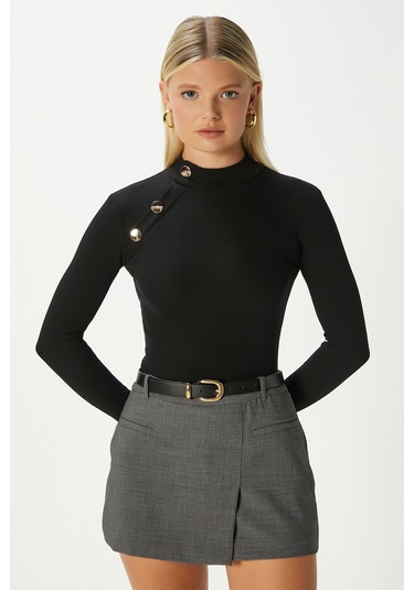 Kadın Gloria Gold Düğmeli Uzun Kollu Siyah Fitilli Pamuk Bluz Siyah