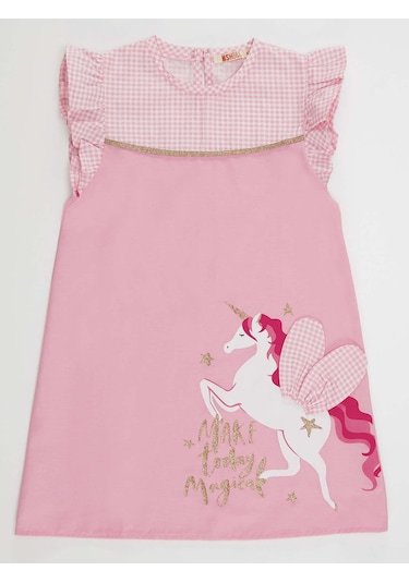 Denokids Mshb&g Kanatlı Unicorn Kız Ekose Pembe Elbise Pembe