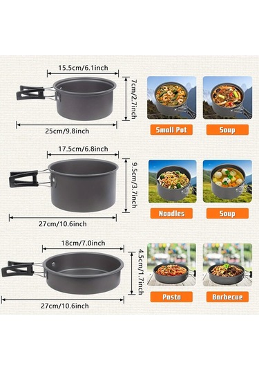 Tcherchi 9 Parça Kamp Tencere Seti Kamp Pişirme Tencere Ve Tava Seti, Açık Hava Pişirme Seti Gri