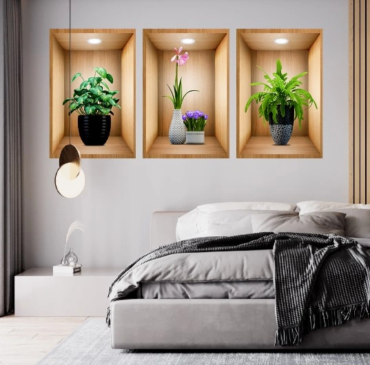 3d Çiçek Vazo Duvar Sticker 3 Lü Set Kahverengi Fon 4741 Akçaağaç