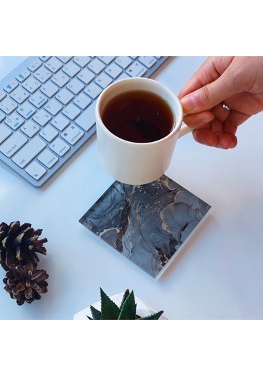 Decorita Cam Bardak Altlığı Gri Gold Mermer 4'lü Takım 10 x 10 CM Gri