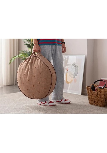 Çok Amaçlı Puantiyeli Keten Yer Bahçe Minderi Fermuarlı İç Dolgulu Yıkanabilir 60x67 Kahverengi