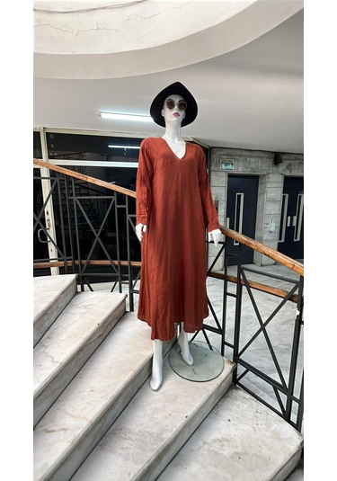 İtalyan V Yaka Uzun Kol Keten Elbise-8907 Tarçın