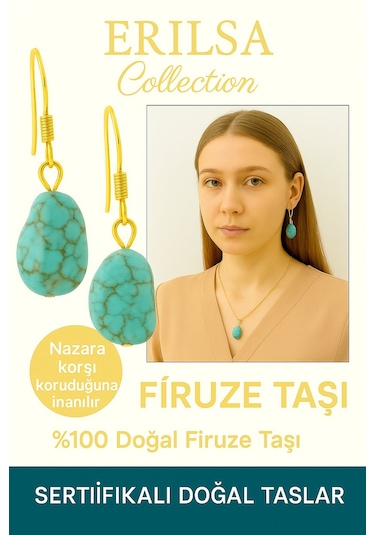 Sertifikalı Altın Renkli Ham İşlenmemiş Firuze Taşı Küpe Koruma Çok Renkli