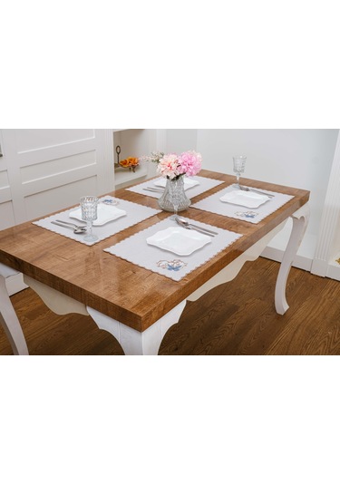 Finezza Dolce Nakışlı Keten Efekt Kumaş Krem Mavi A.Servis 34x45 cm 4 Ad -1397 Krem