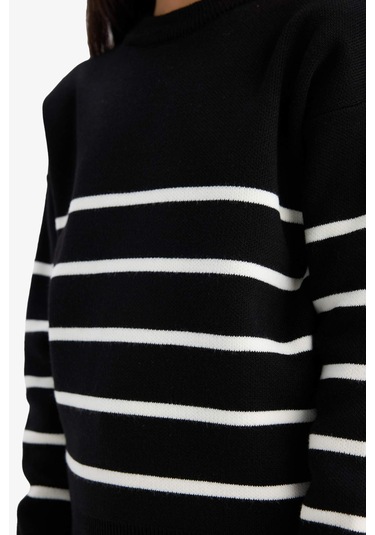 Defacto Kız Çocuk Bisiklet Yaka Çizgili Triko Kazak Z0194a625aubk27 Siyah