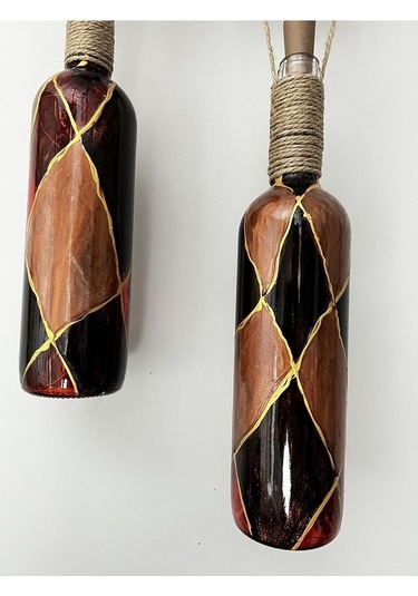 Heykel El Dekorlu Led Işıklı Kahverengi Vitray Cam Şarap Şişesi A Çok Renkli