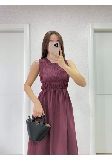 Kolsuz Göğüs Lastıklı %100 Poplin Uzun Elbise - Bordo Bordo