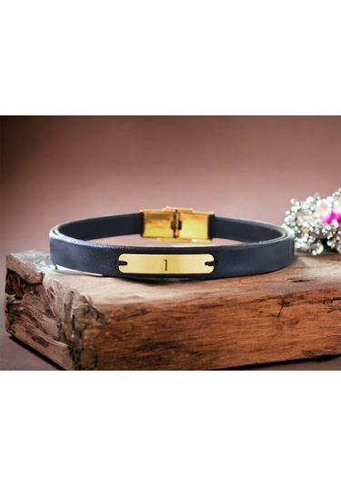 Archin I Harfine Özel Dikdörtgen Motifli 14 Ayar Altın Plakalı Siyah Derili Hediye Bileklik-540harf I