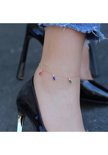 Renkli Zirkon Taşlı Damla Modeli Rose Gold Kaplama Gümüş Halhal Gümüş