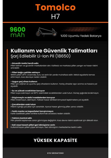 Tomolco H7 / 36v 9600mAh Elektrikli Scooter Bataryası