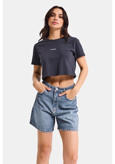 Itsbasic Kadın Koyu Kot Rengi 2s6-125 Mom Fit Midi Boy %100 Koton Denim Şort