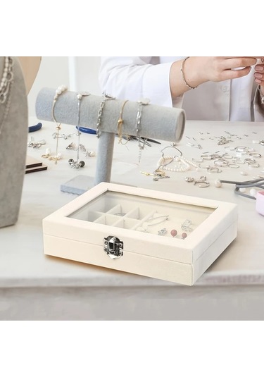 Willowhaven Bej Sku Kilitli 9 Bölmeli Kadife Mücevher Kutusu Yüzük Kolye Küpe Organizer