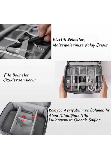 Aksesuar Kablo Çantası Powerbank Saklama Taşıma Organizer Çantası Gri