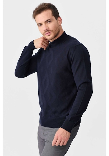 Desen Triko Erkek Yarım Balıkçı Yaka Baklava Desenli Yün Kazak 02422548 Lacivert