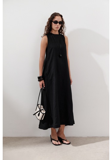 Keten Büzgülü Geniş Elbise Siyah Siyah