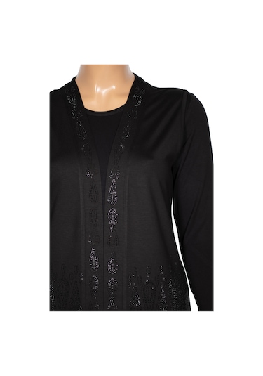 Hesna Kadın Seren Büyük Beden Taş Detaylı Penye Siyah Yelek Siyah