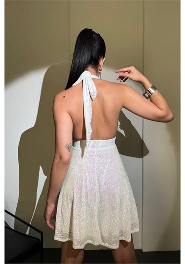 Neşeli Butik Kadın Beyaz Halter Yaka Payet Elbise Nbdf046 Beyaz