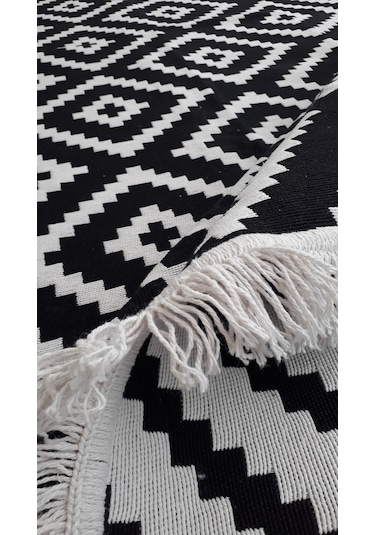 Kilim Çift Taraflı Pamuklu Dokuma Modern Kilim Siyah Beyaz Kilim