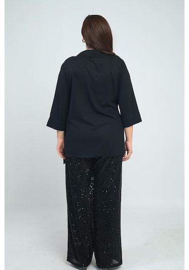 Kadın Kruvaze Polo Yaka Tek Taraf Pullu Krep Şifon Bluz Beli Lastikli Astarlı Bol Paça Pulpayet Pantolon Büyük Beden 2'li Takım-41642 Siyah