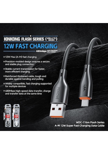 Wk Wdc-116m 12w Usb Micro Usb Hızlı Şarj Veri Kablosu, Uzunluk: 1m Siyah