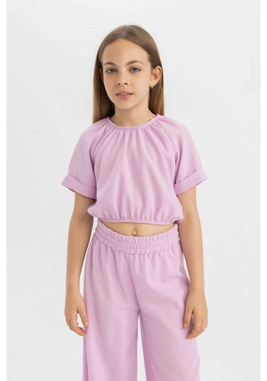 DeFacto Kız Çocuk 2'li Takım Keten Kısa Kollu Bluz Pantolon C5392A824HSPR139 Mor