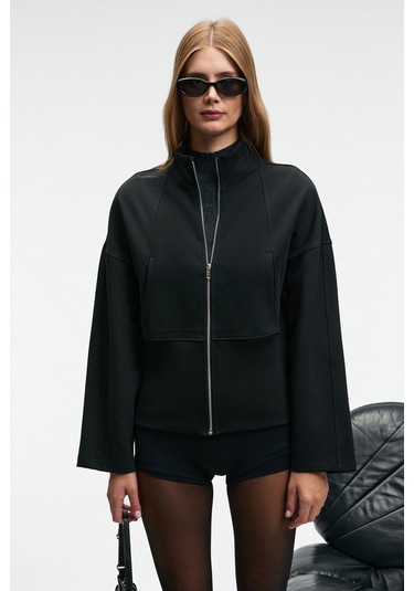 VIVETY Kadın Dik Yakalı Metal Fermuarlı Korse Görünümlü Bele Oturan Regular Siyah Ceket