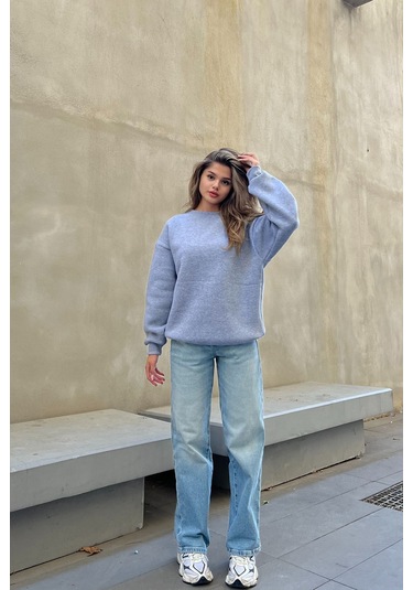 Şeker Pembe Basic Bisiklet Yaka Oversize Sweatshirt Gri