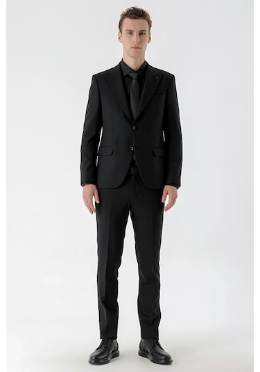 Morven Erkek Basic Düz Slim Fit Takım Elbise Gömlek + Kravat -  Siyah