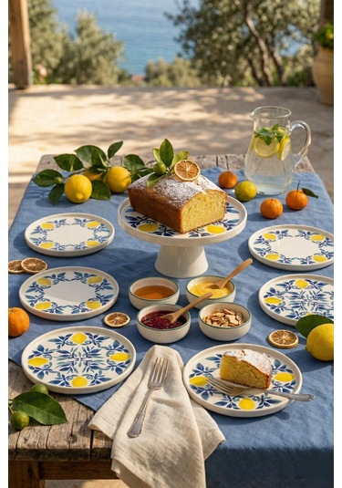 Limon 11 Parça 6 Kişilik Stackable Ayaklı Sunum Standlı Limon Seramik Tabak Seti & Kahvaltı Takımı Beyaz