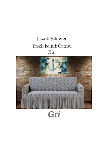 Şal Desen Koltuk, Kanepe, Çekyat Örtüsü, Etekli 3lü Gri Gri
