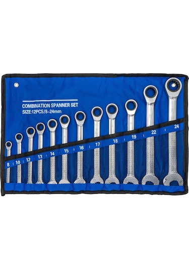 6193 Cırcır Kombine Anahtar Takımı 8-24mm 12 Parça Bez Çantalı