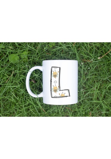 L Harfi Arı Desenli Kupa - Sevimli Hayvan Temalı Kişiye Özel Kahve Kupası - Şans Kupası Beyaz