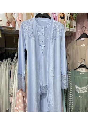 Nehirsel 3022 Mavi Hamile Lohusa 3 Lü Pijama Sabahlık Tk