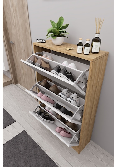 Mirobi Kembe 3 Bölmeli Açılır Modern Dekoratif Ayakkabılık Çam - Beyaz