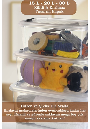 3'lü 15-20-30 L Çok Amaçlı Saklama Kabı Seti - Kilitli Kapak Banyo Mutfak Düzenleyici Saklama Kutusu Şeffaf