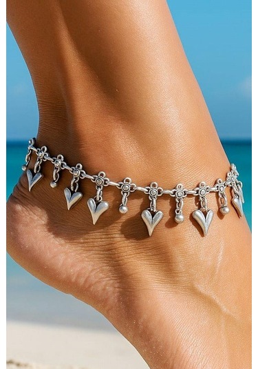 Büyük Kalpli Kadın Halhal Gümüş Kaplama Ayarlanabilir El Yapımı Halhal