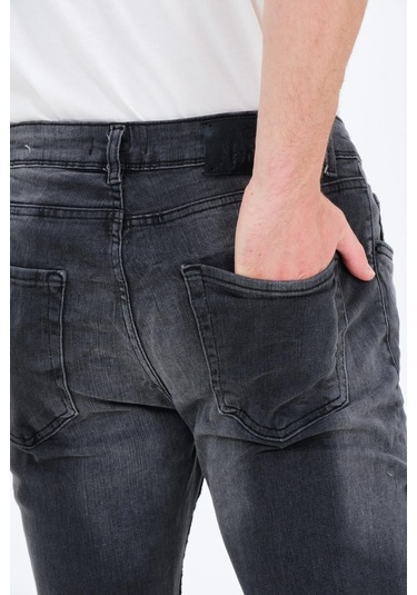 Erkek Gri Slim Fit Taş Yıkamalı Kot Pantolon 001