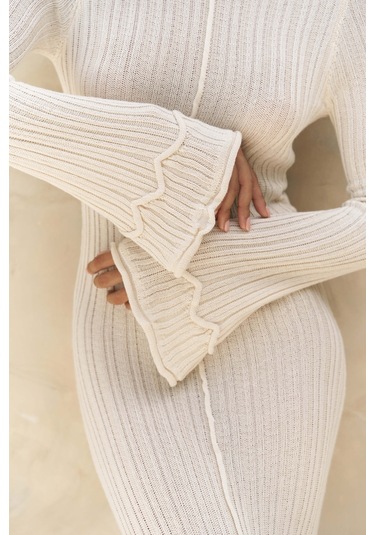 Matias Sırt Dekolteli Ekru Triko Uzun Elbise Ekru