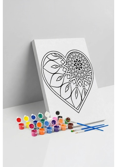 Yapraklı Kalp Desenli Mandala Ahşap Boyama Seti 40x50 Cm