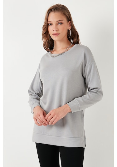 Lela Streç Oversize Fit Bisiklet Yaka Modal Kumaş Bayan Sweat 5865877 Gri