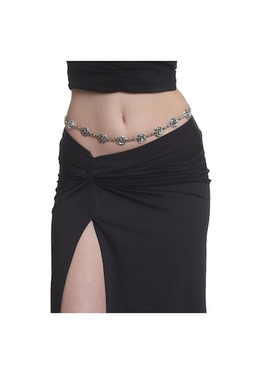 Labalaba Kadın Antik Gümüş Kaplama Gül Formlu Ayarlanabilir Bel Zinciri, Bel Kolyesi Gümüş