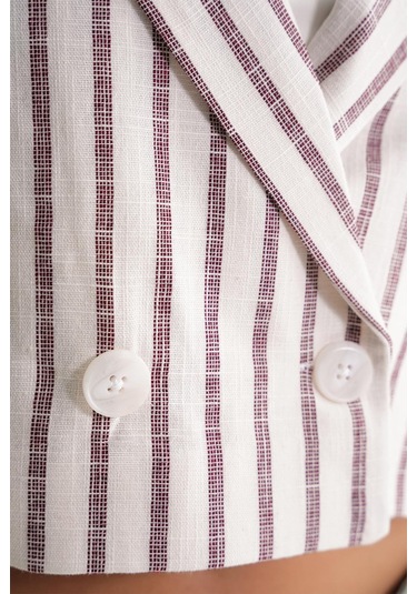 4641 Kadın Keten Çizgili Crop Ceket Bordo Bordo