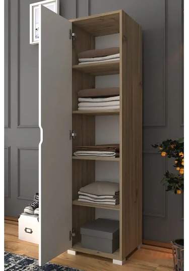 Nisan 40 Cm Açık Ceviz-beyaz 5 Raflı Kiler Tek Kapılı Banyo Ve Elbise Dolabı - Gardırop Açık Ceviz & Beyaz