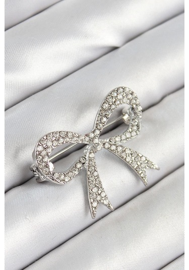 Üzeri Zirkon Taşlı Fiyonk Figürlü Gümüş Renk Kadın Broş Çok Renkli