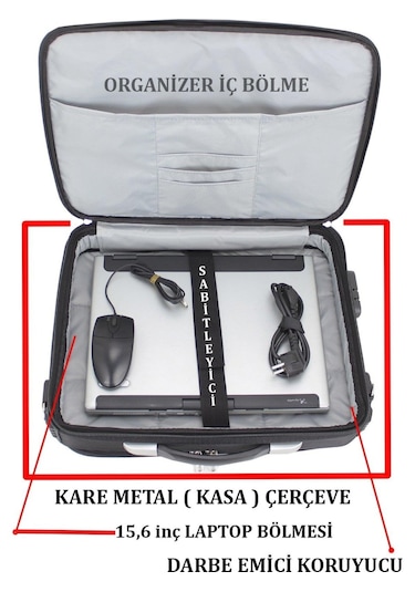 Unisex Siyah 15.6'' Çelik Kasalı Laptop Evrak Bilgisayar Çantası Siyah