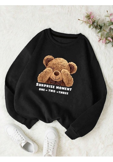 Suprise Moment Bear Sweatshirt - Siyah Baskılı Oversize Kışlık Kalın Bisiklet Yaka Siyah