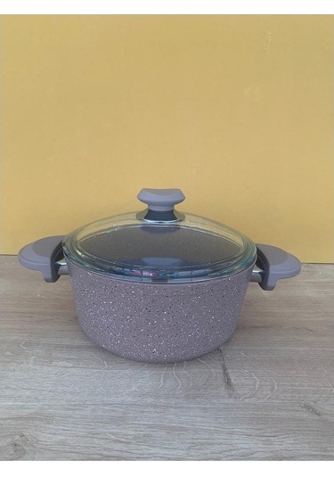 Oms Granit Cam Kapaklı Derin Tencere Kahve 22 CM