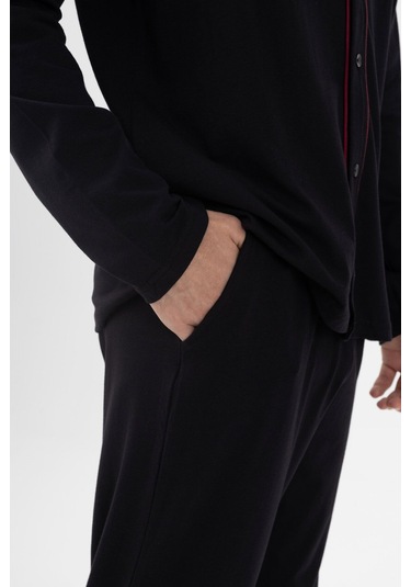 Erkek Pamuklu, Likralı, Düğmeli Ve Cep Detaylı Pijama Takımı Ko6301pj Siyah - Kırmızı