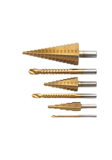 Geeroyoo Hss Titanyum Kaplı 3 Adet Aşama Matkap 4-12/20/32mm + 3 Adet Testere Matkap 3/6/8mm Triangular Saplı 6'lı Set - Plastik Kutu Paketi